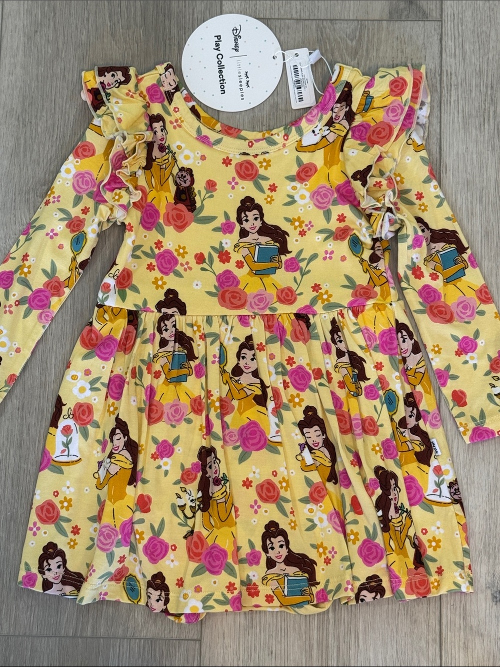 Little Sleepies Disney Yellow Belle Floral Ruffle Dress NWT